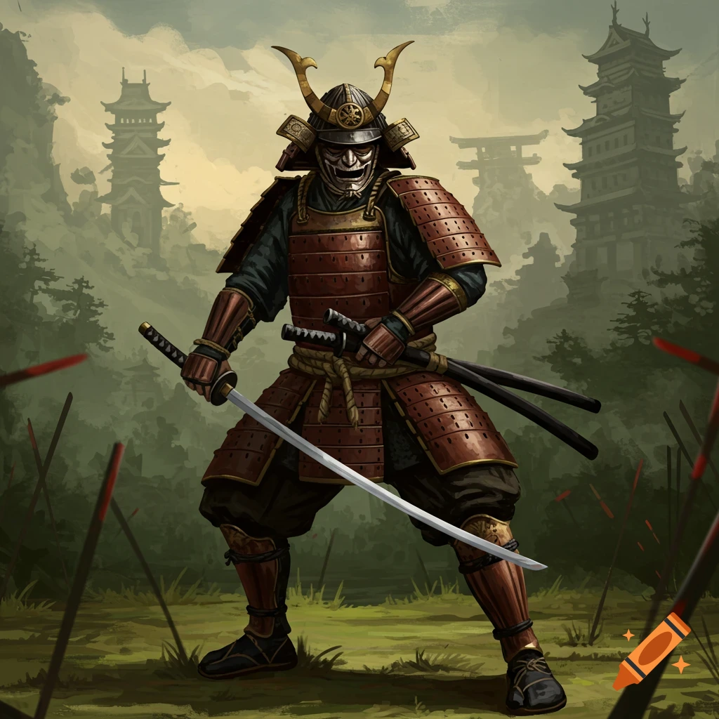 A samurai warrior in armor holds a sword in a forest clearing with pagodas.