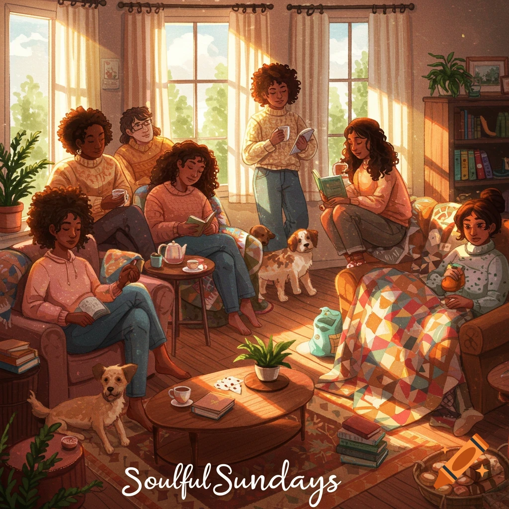Women are reading and relaxing with dogs in a sunlit living room, with text 'Soulful Sundays'.
