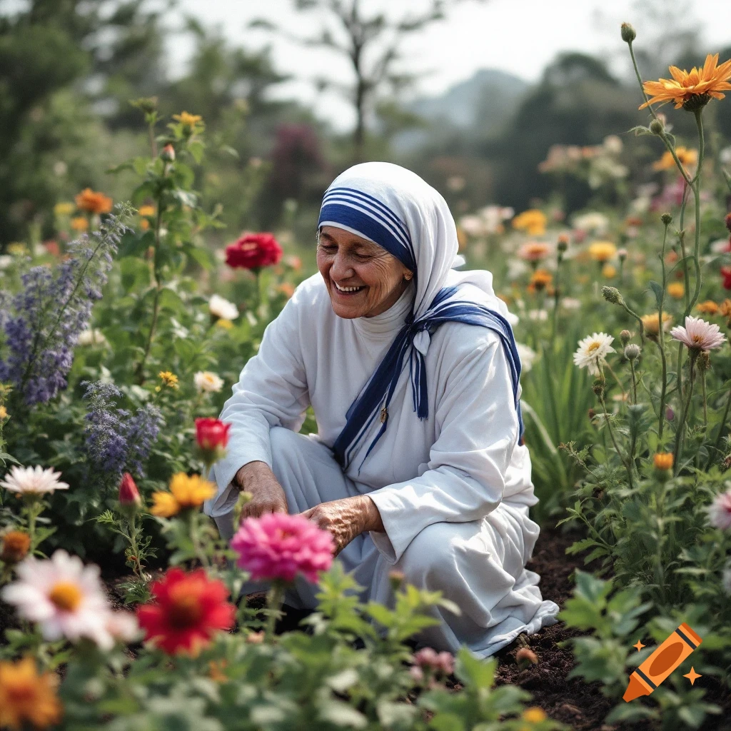 Mother Teresa crouching in a colorful garden, smiling, photorealistic.