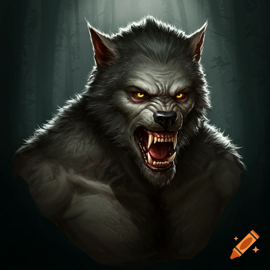 Bust of a snarling werewolf with glowing yellow eyes against a dark forest background.