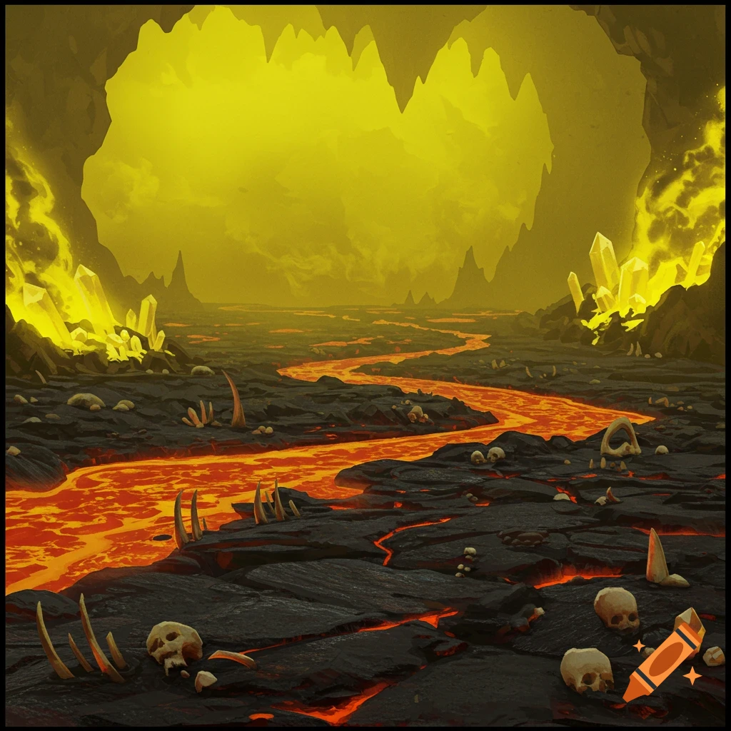 A hellscape with a lava river, black rock, scattered skulls and bones, and glowing yellow crystals under a yellow sky.