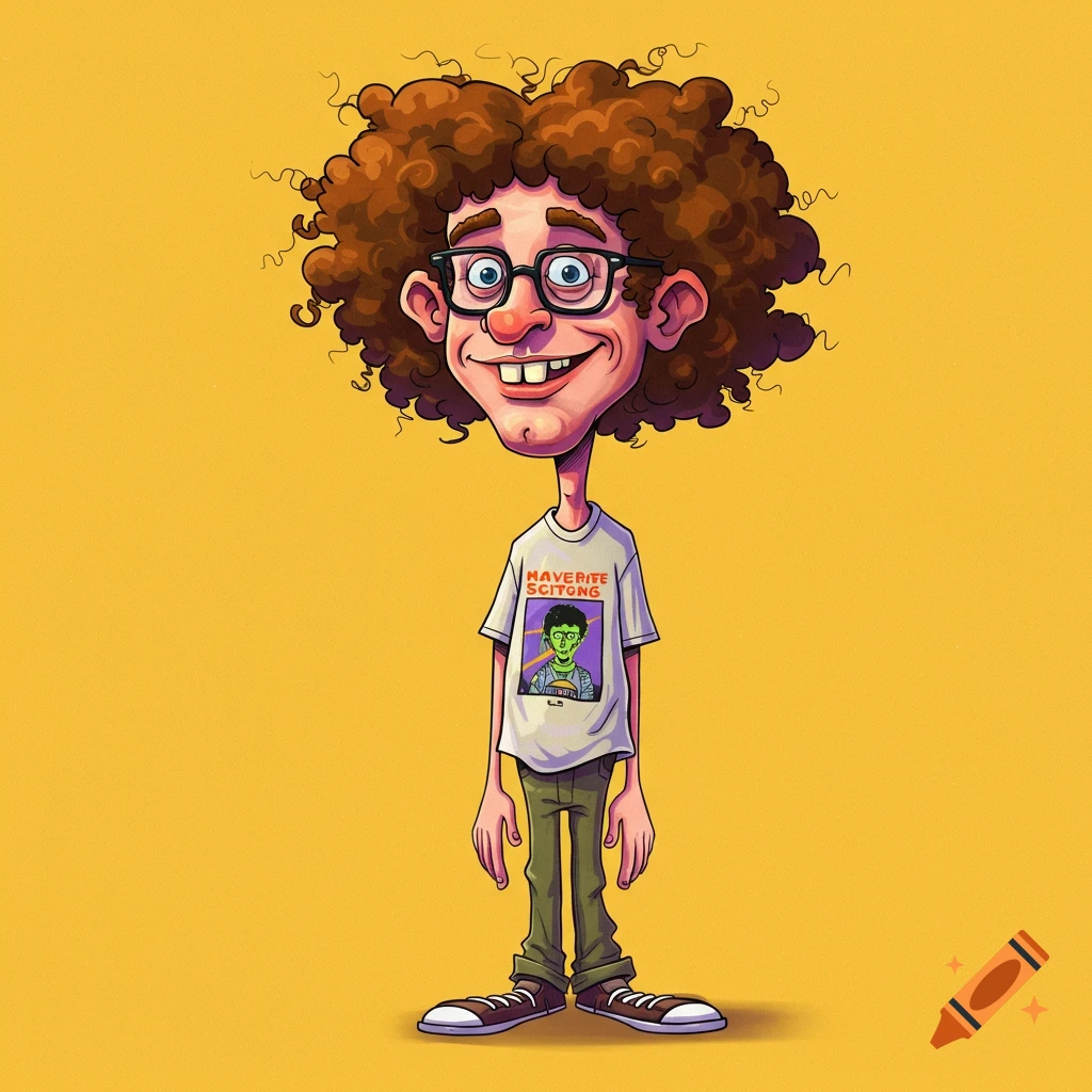 Cartoon character with curly hair, glasses, and a t-shirt stands on a yellow background.