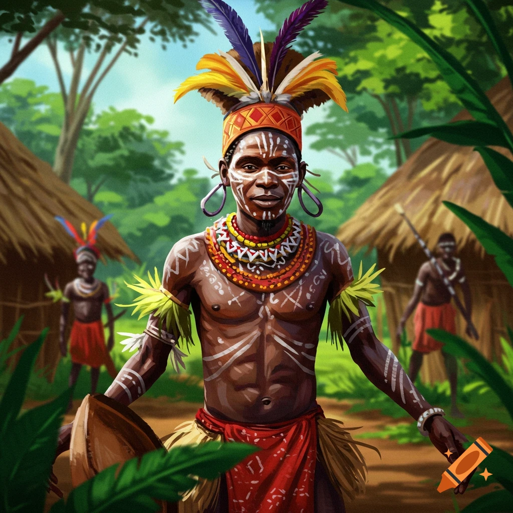 An African man wears body paint and traditional attire in a jungle village.