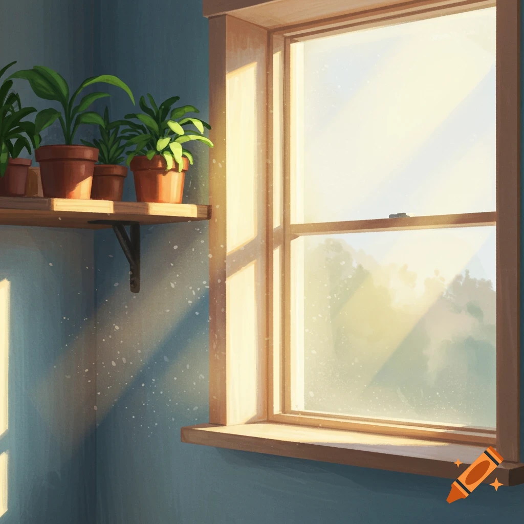 Sunlight streams through a window, illuminating potted plants on a shelf.