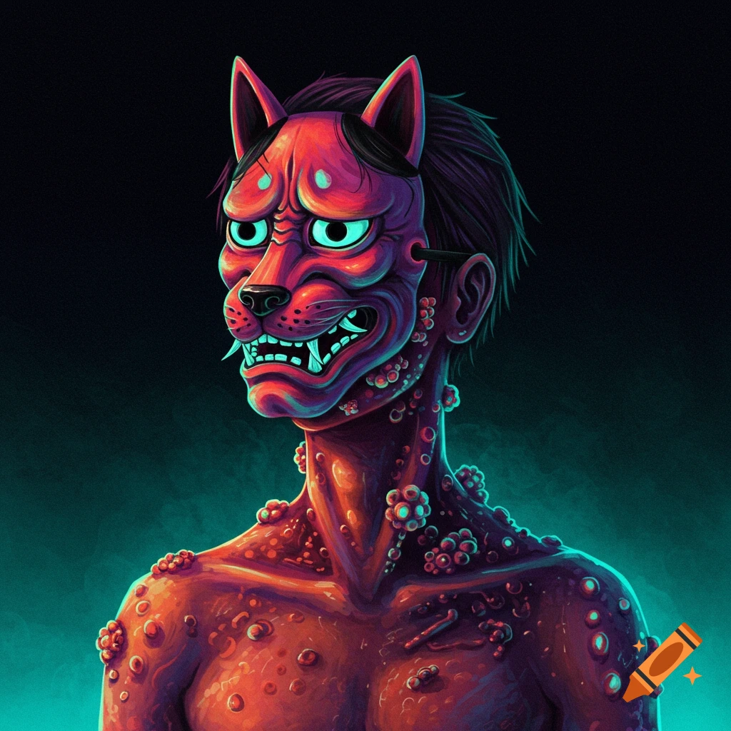 A person wearing a red dog mask with strange growths on their skin.