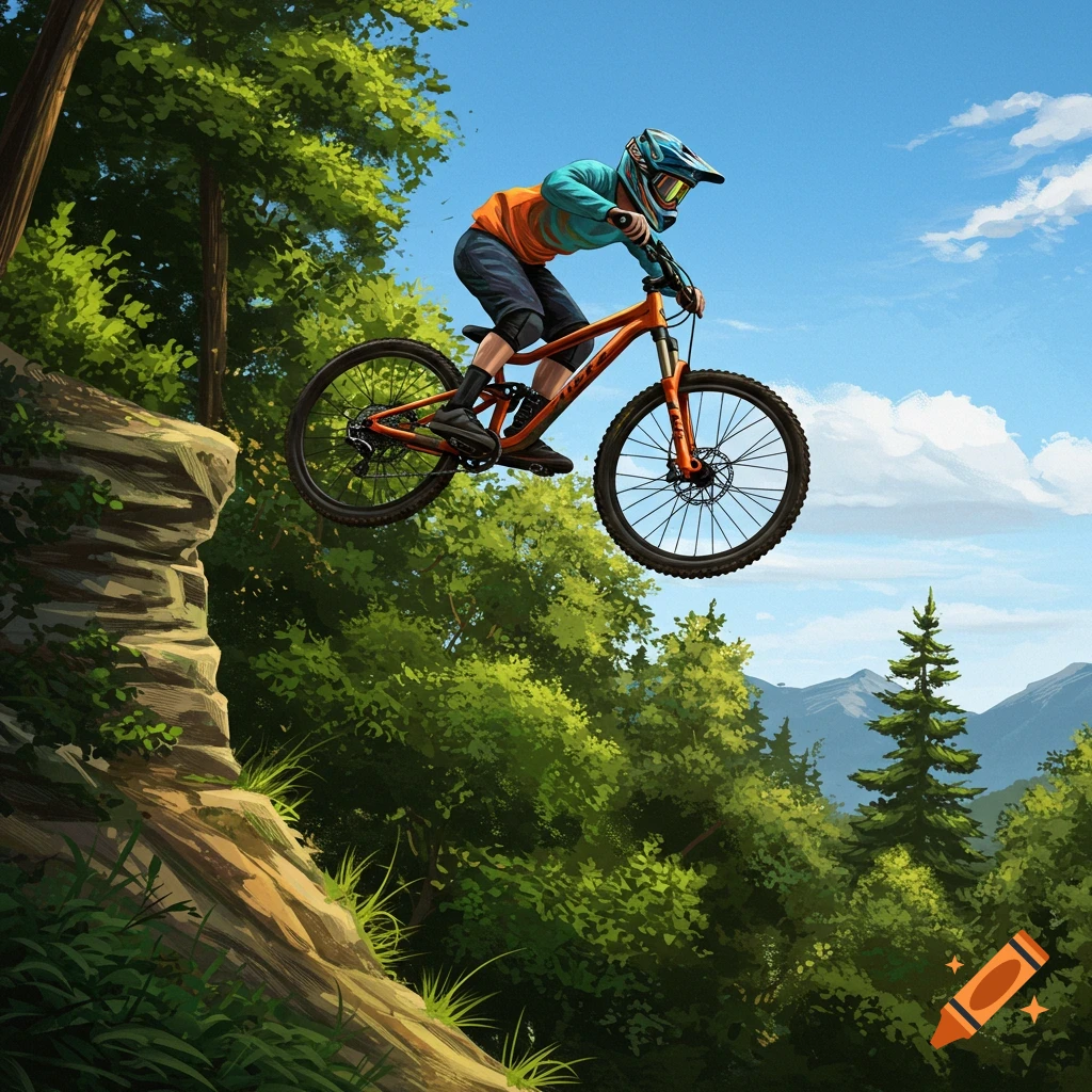 A mountain biker jumping off a rock drop in a forest.