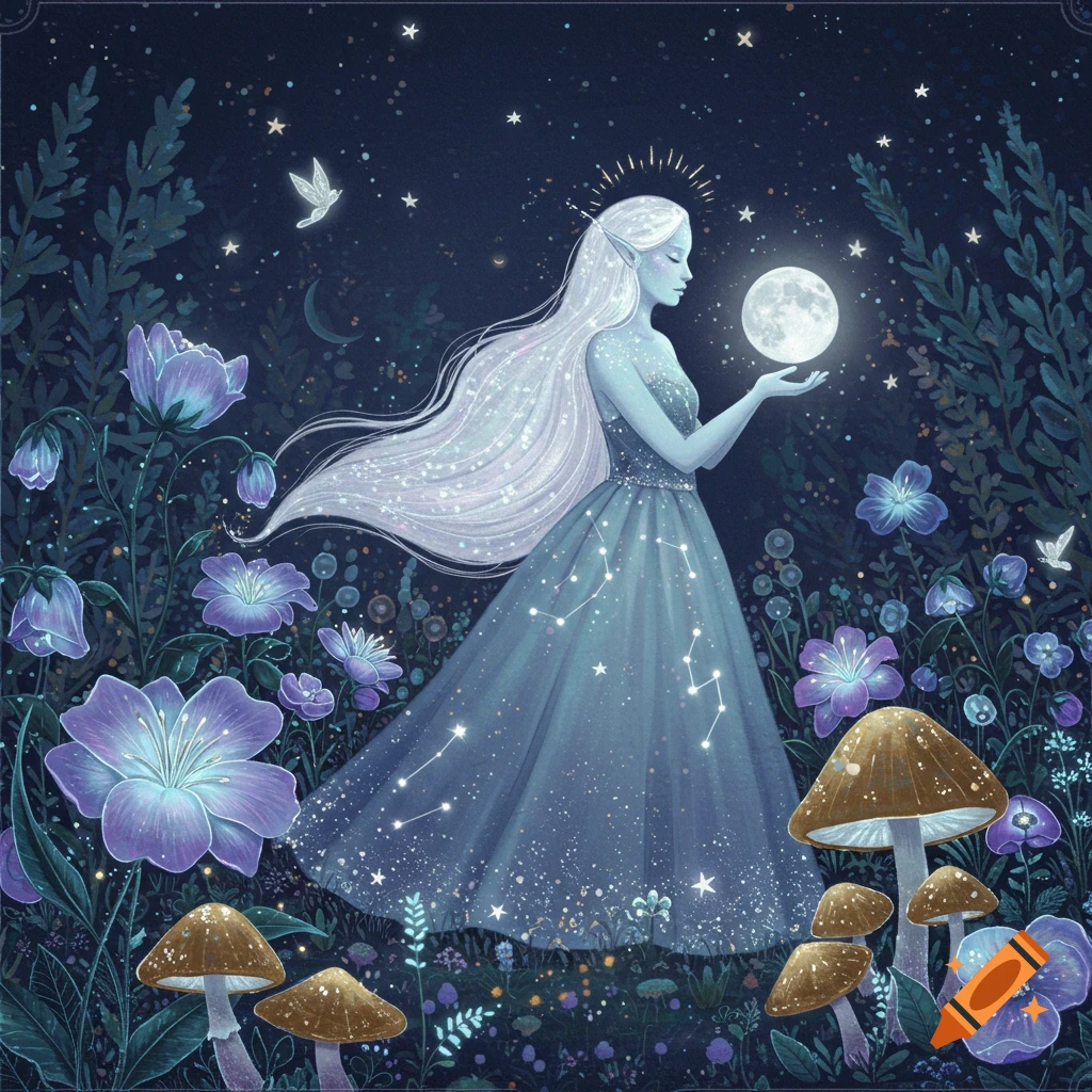A fantasy illustration of a woman with white hair holding the moon in a starry garden at night.