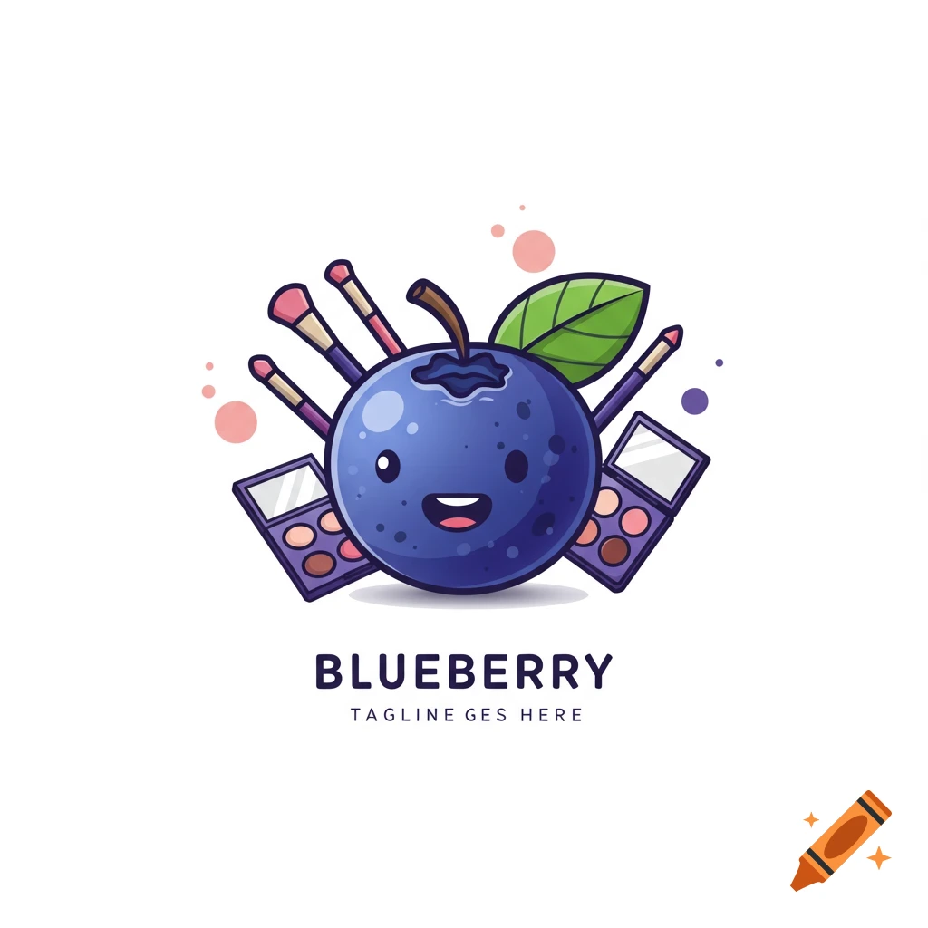 Cartoon blueberry character with makeup brushes and palettes, logo design.