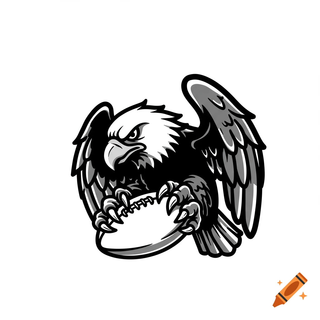Black and white cartoon eagle holding a rugby ball, stylized as a logo.