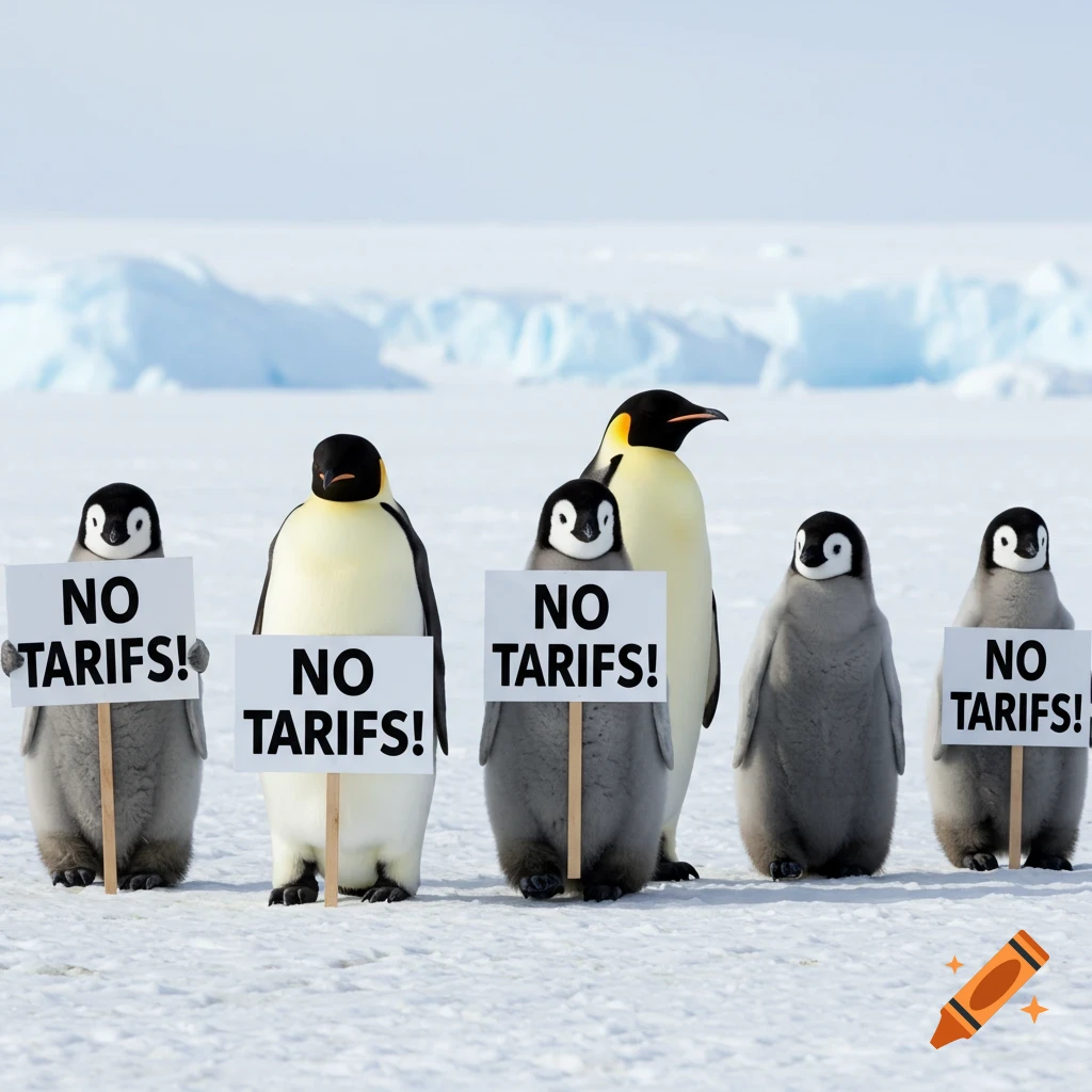 Several penguins stand on ice holding signs that read 'NO TARIFFS!'