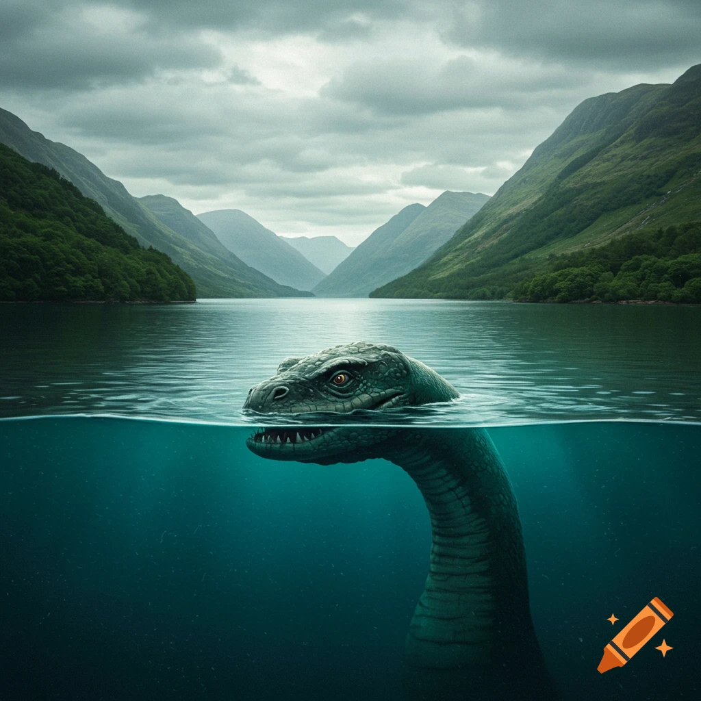 The Loch Ness Monster emerges from a dark lake with mountains and a cloudy sky in the background.