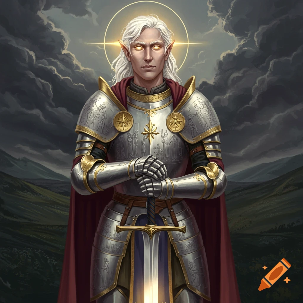 An Aasimar paladin in ornate armor, holding a sword, with a golden halo behind their head.