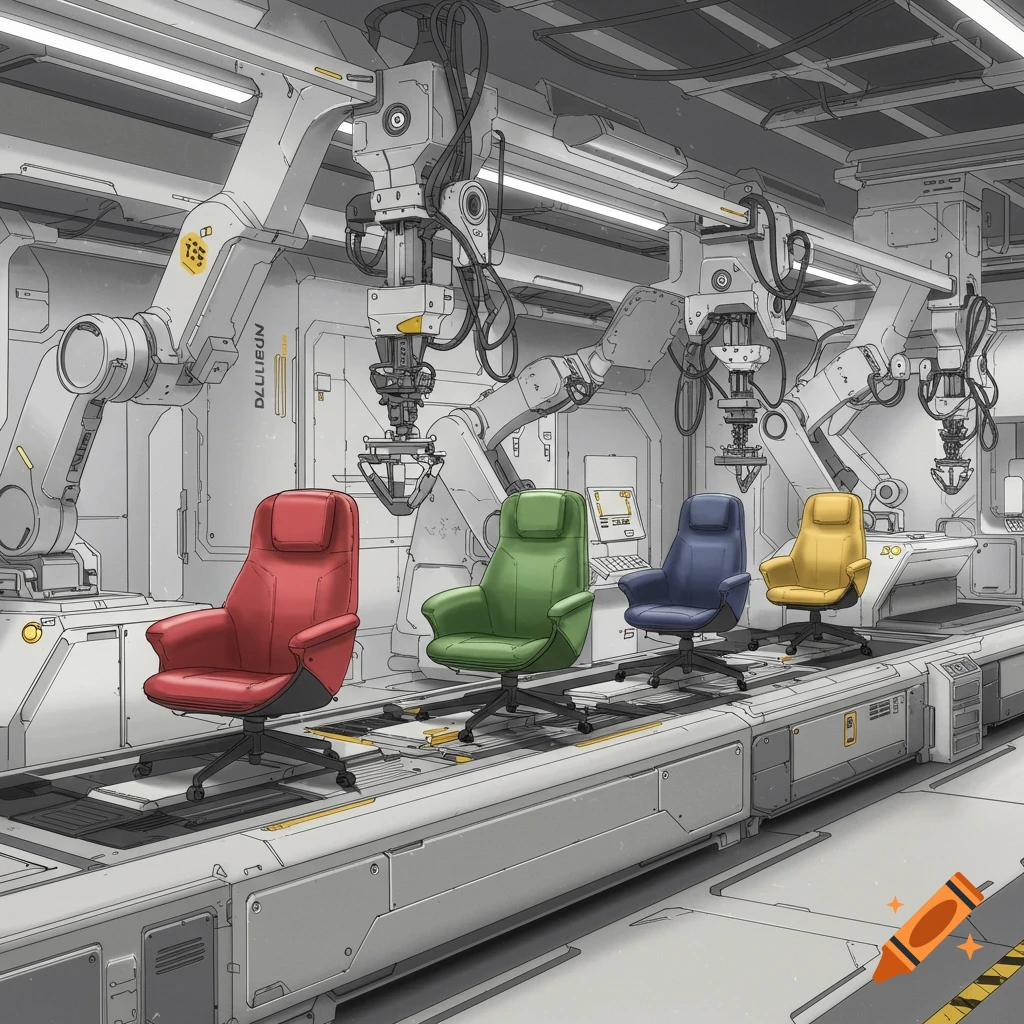 Robotic arms work on chairs moving along a conveyor belt in a futuristic factory.