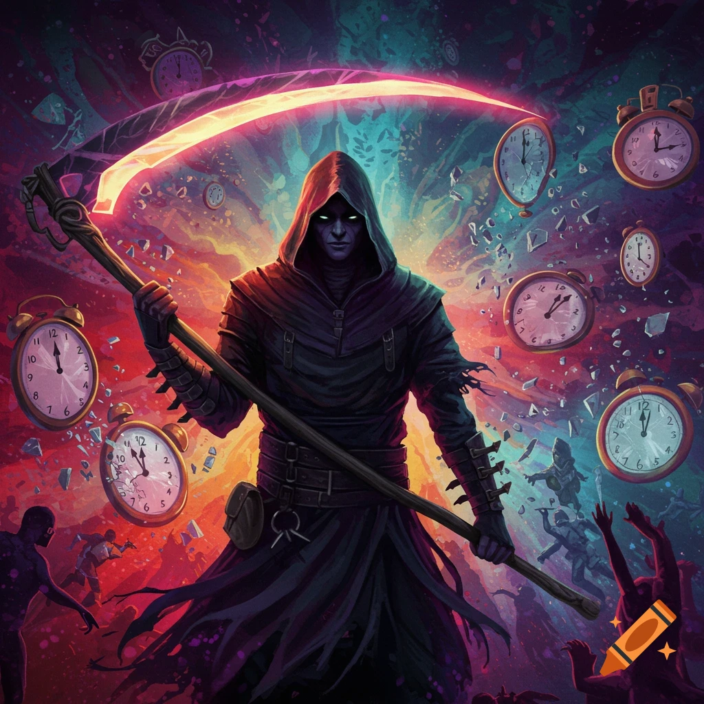 A cloaked figure with a scythe stands amidst shattered clocks in a chaotic, colorful scene.