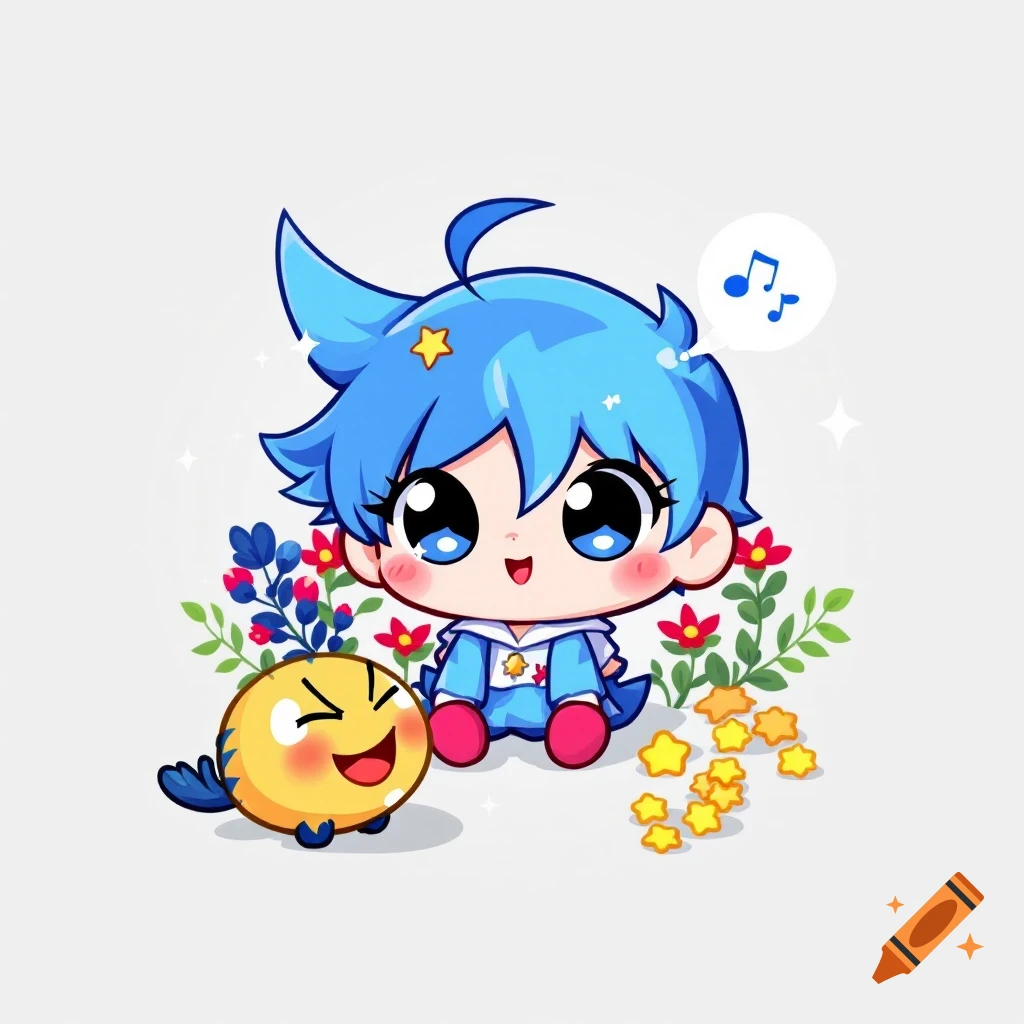 A cute chibi character with blue hair and a bird sits among flowers and stars, with musical notes above.