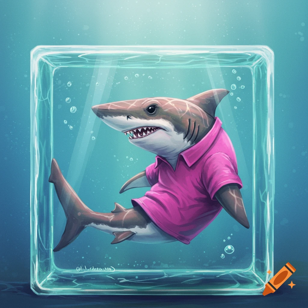 A shark wearing a pink shirt inside a glass tank.