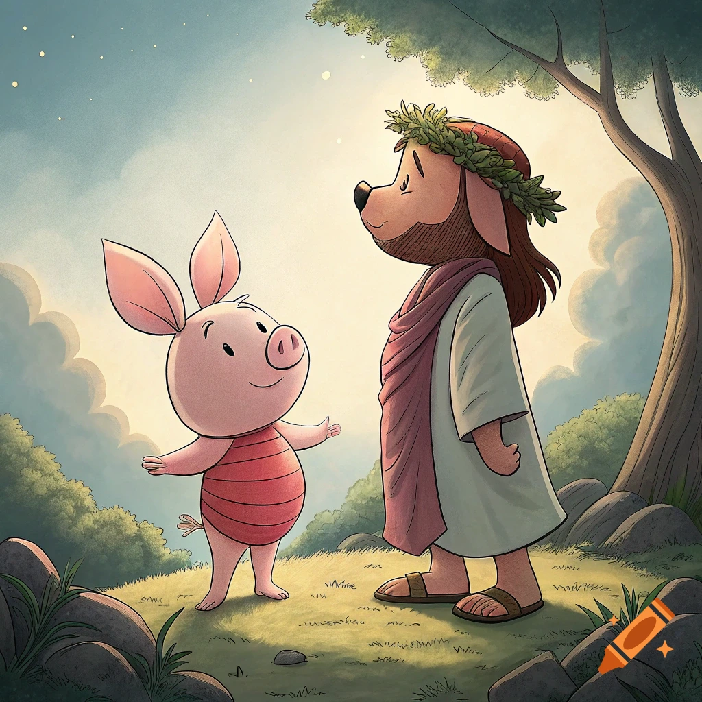 Cartoon Piglet standing with Jesus in a landscape.