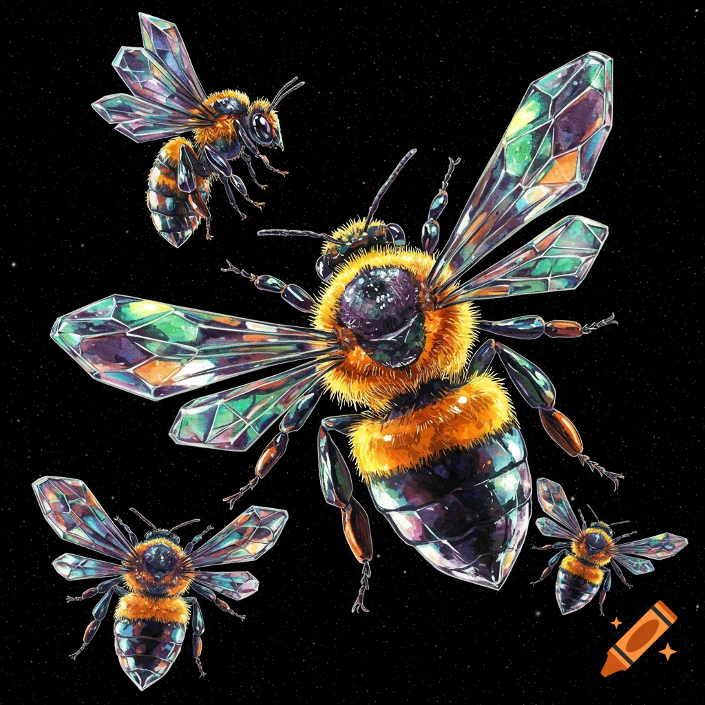 Several bees with crystalline wings on a black background.