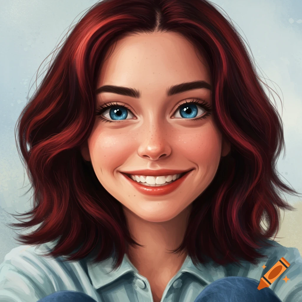 A smiling young woman with red hair and blue eyes.
