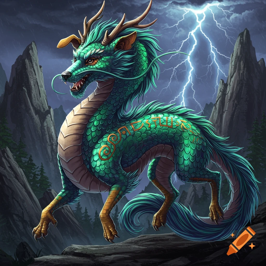 A green dragon with gold markings stands on rocks during a lightning storm.