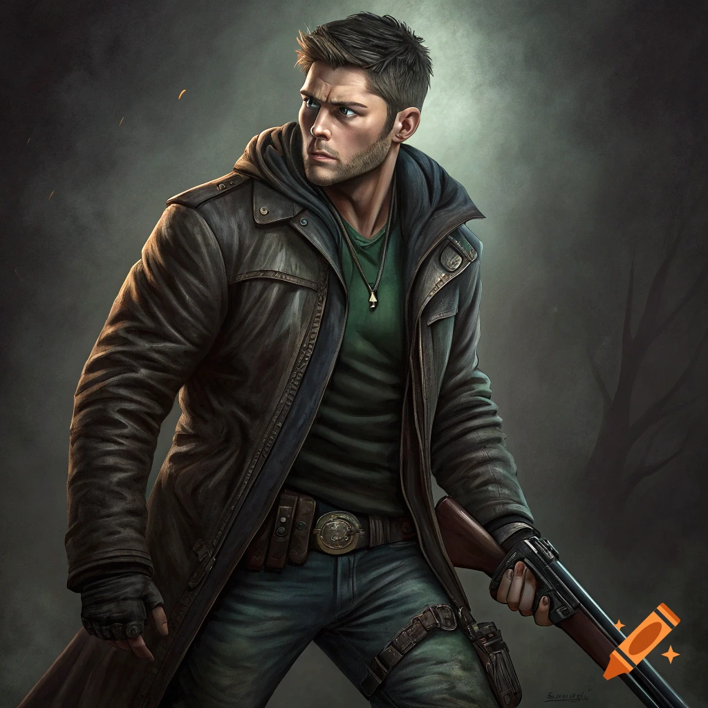 Illustrative digital art of a man resembling Dean Winchester in a leather coat holding a shotgun in a dark, smoky setting.