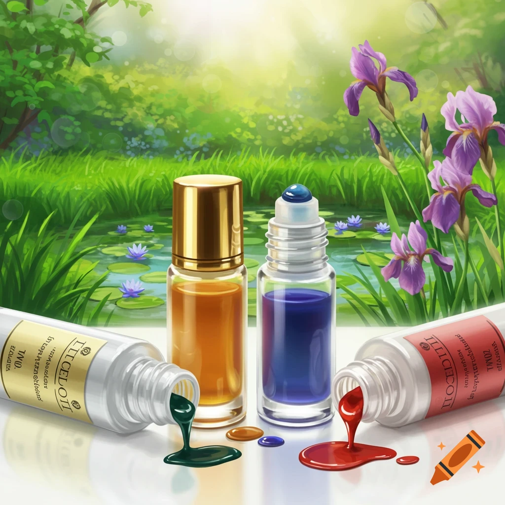 Bottles spilling colored liquid are scattered in a lush, sunlit nature scene with irises and a pond.