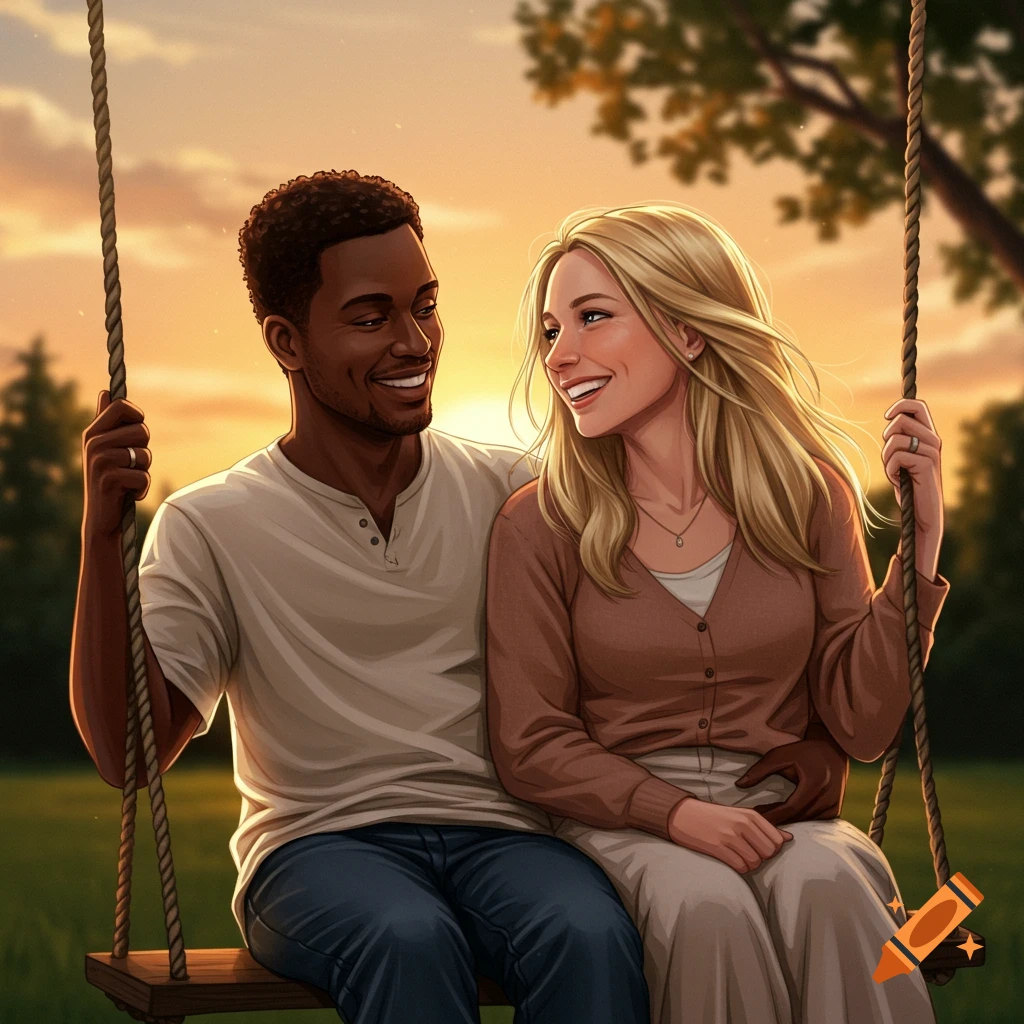 A couple swinging at sunset
