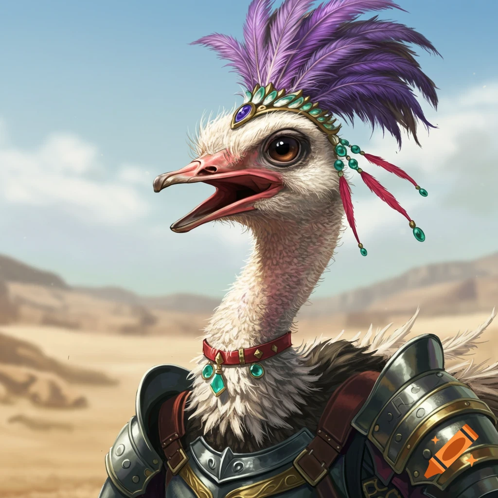Ostrich in fantasy armor and feathered crown in a desert.