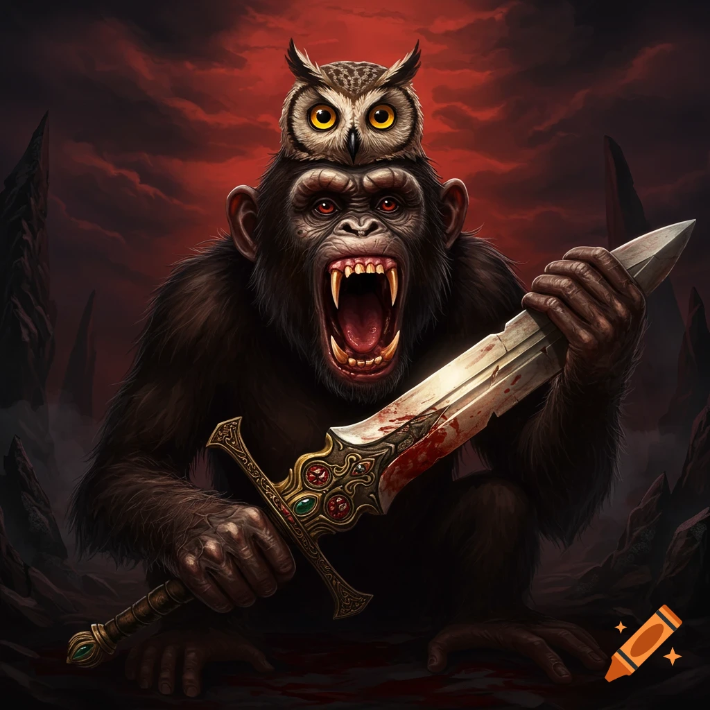 A fantasy creature with an ape's body and owl's head holds a bloody sword in a dark, rocky landscape.