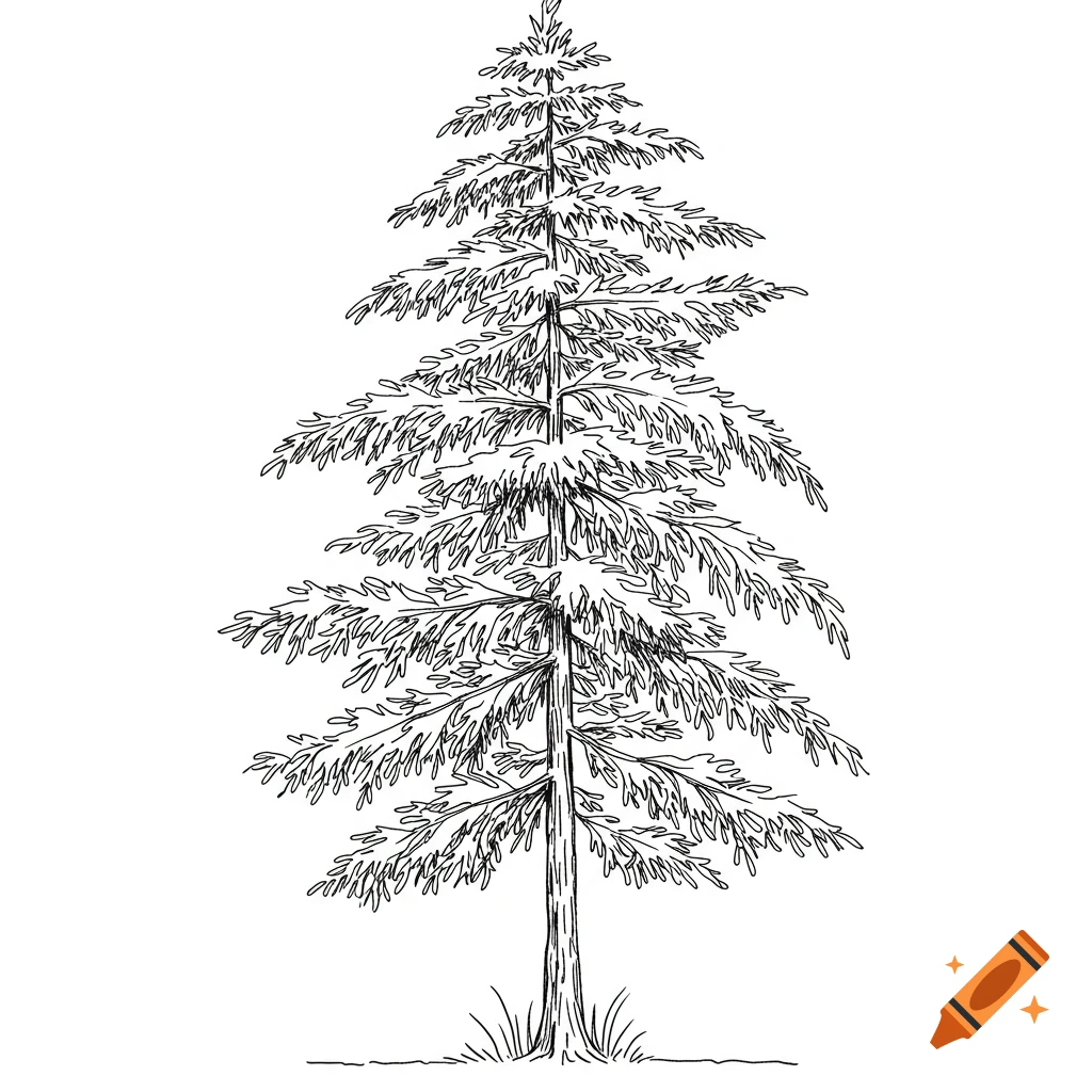 Simple black and white line drawing of a tall evergreen tree with spreading branches.