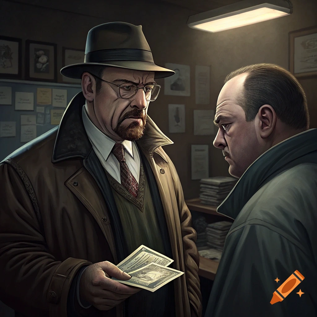 Illustration of two men resembling Walter White and Tony Soprano, one holding cash, in a dark room.