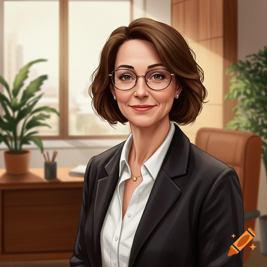 A smiling woman is wearing glasses and a suit in an office