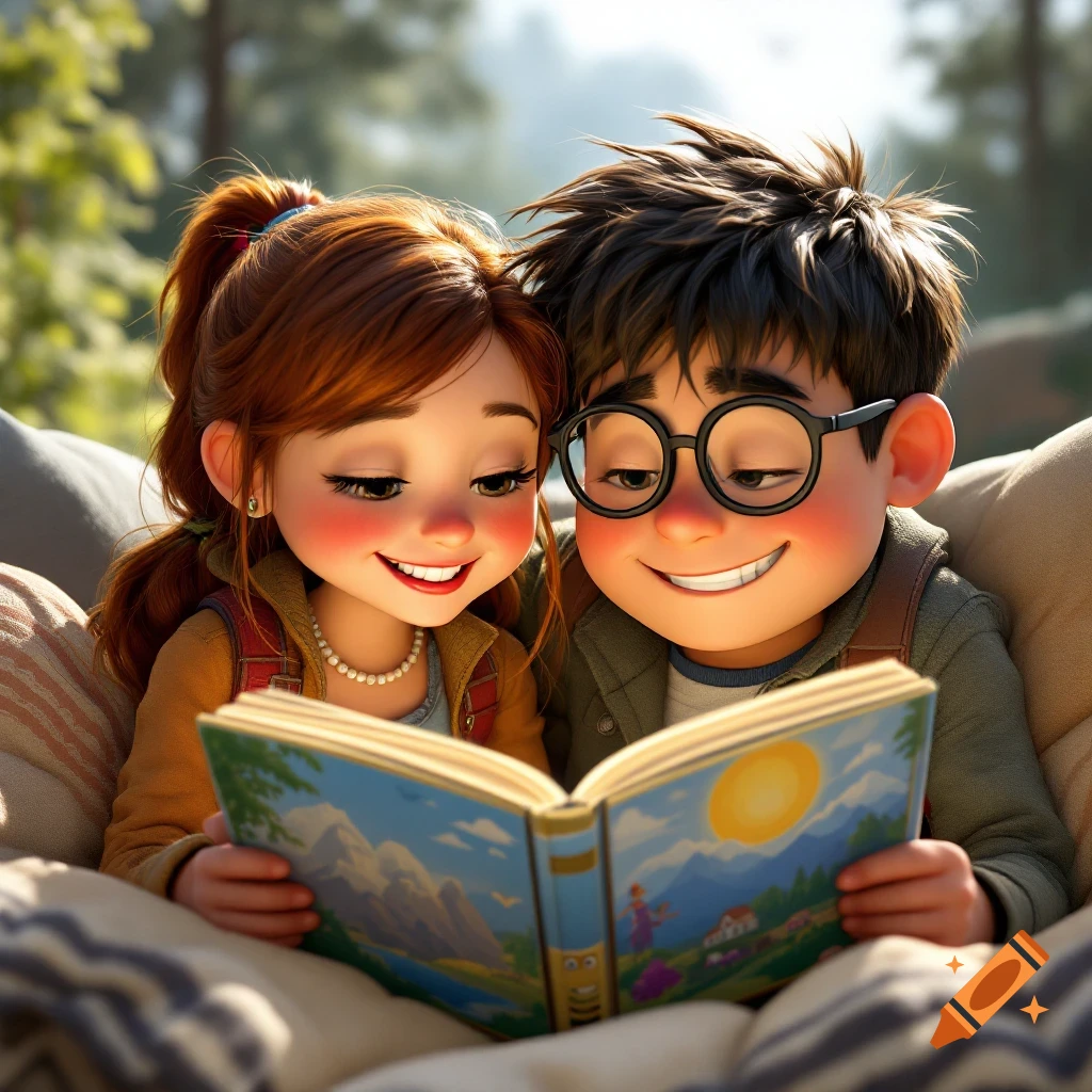 Animated children resembling Ellie and Carl from Up read an adventure book outdoors.