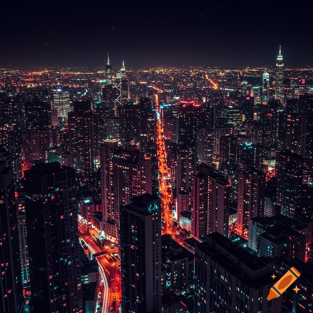 High-angle view of a city skyline at night, illuminated by bright building and street lights.