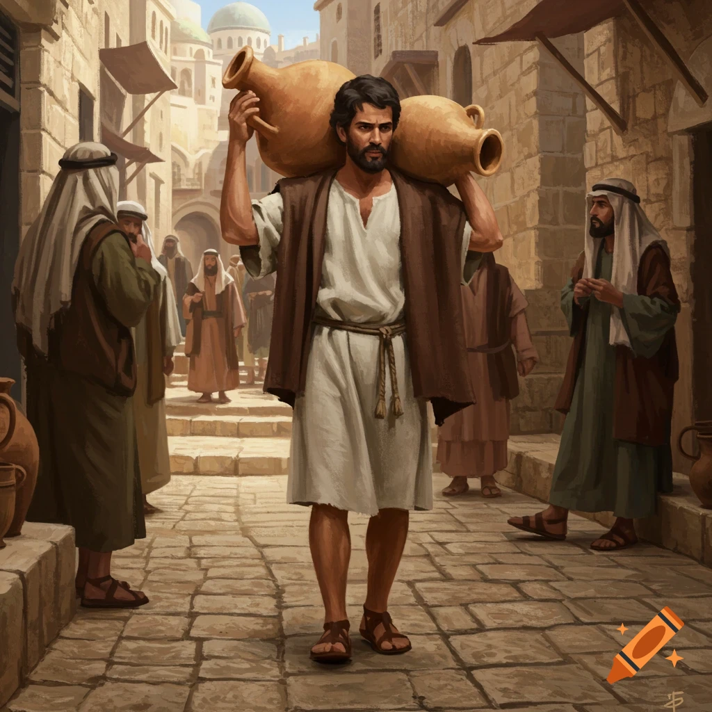 Middle Eastern man carrying large jars through a crowded street in a historical setting.