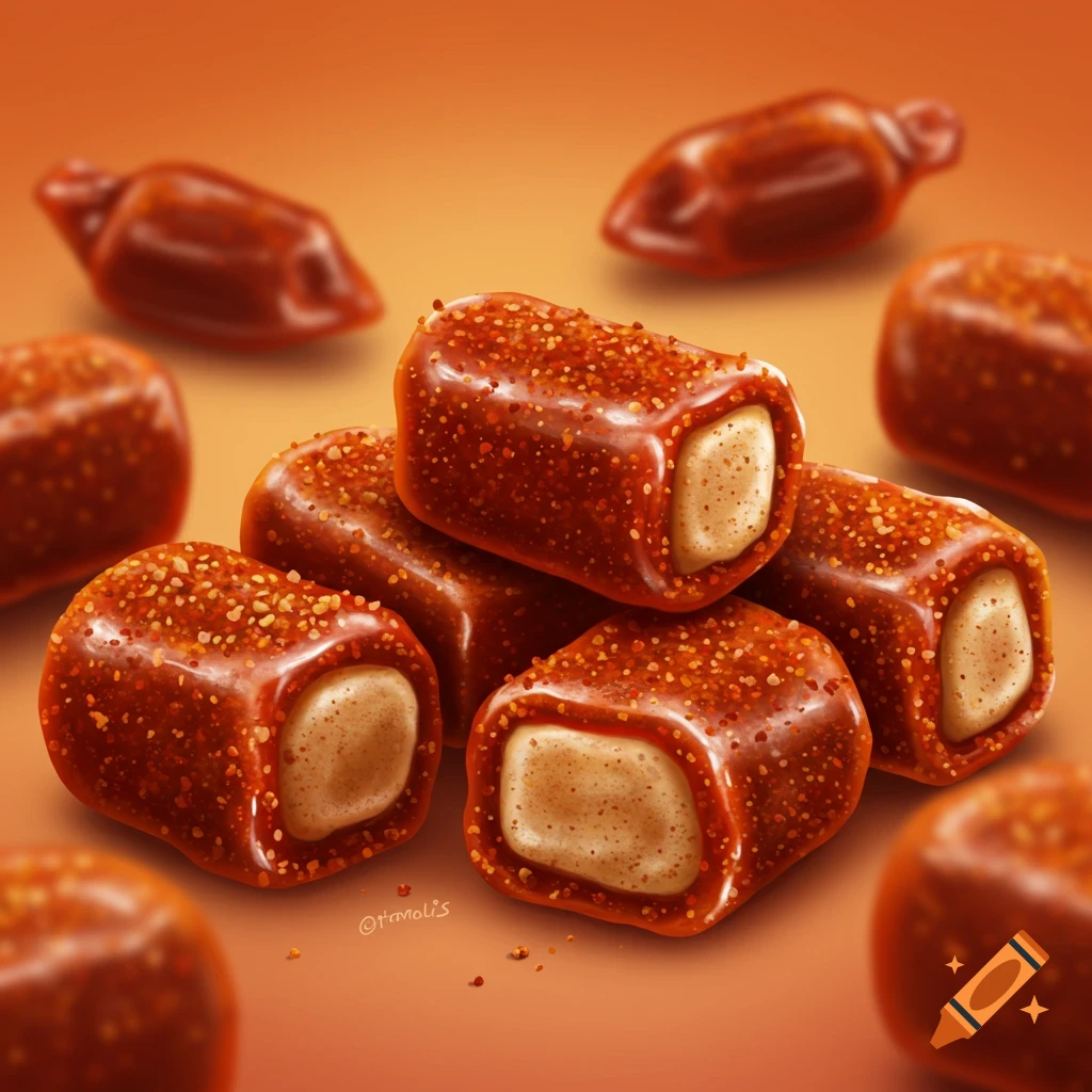 Close-up of chili and chamoy covered candies with creamy filling on orange background.