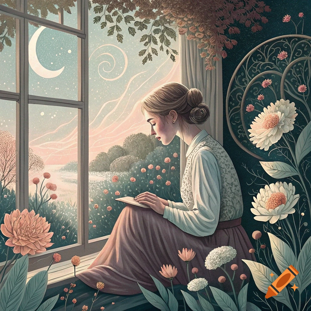 Illustration of a woman reading by a window overlooking a flower-filled landscape with a crescent moon.