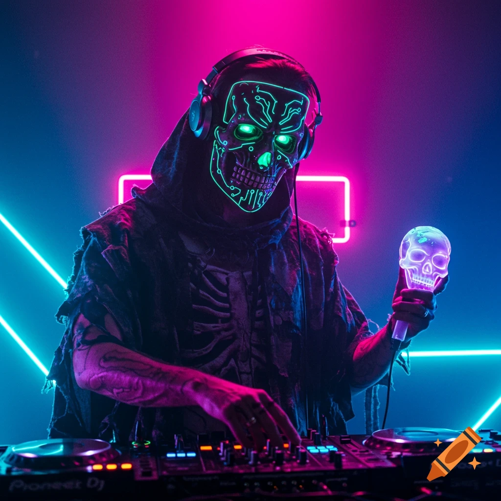 A skeleton DJ wearing a glowing mask and headphones, holding a skull, standing behind DJ decks surrounded by neon lights.