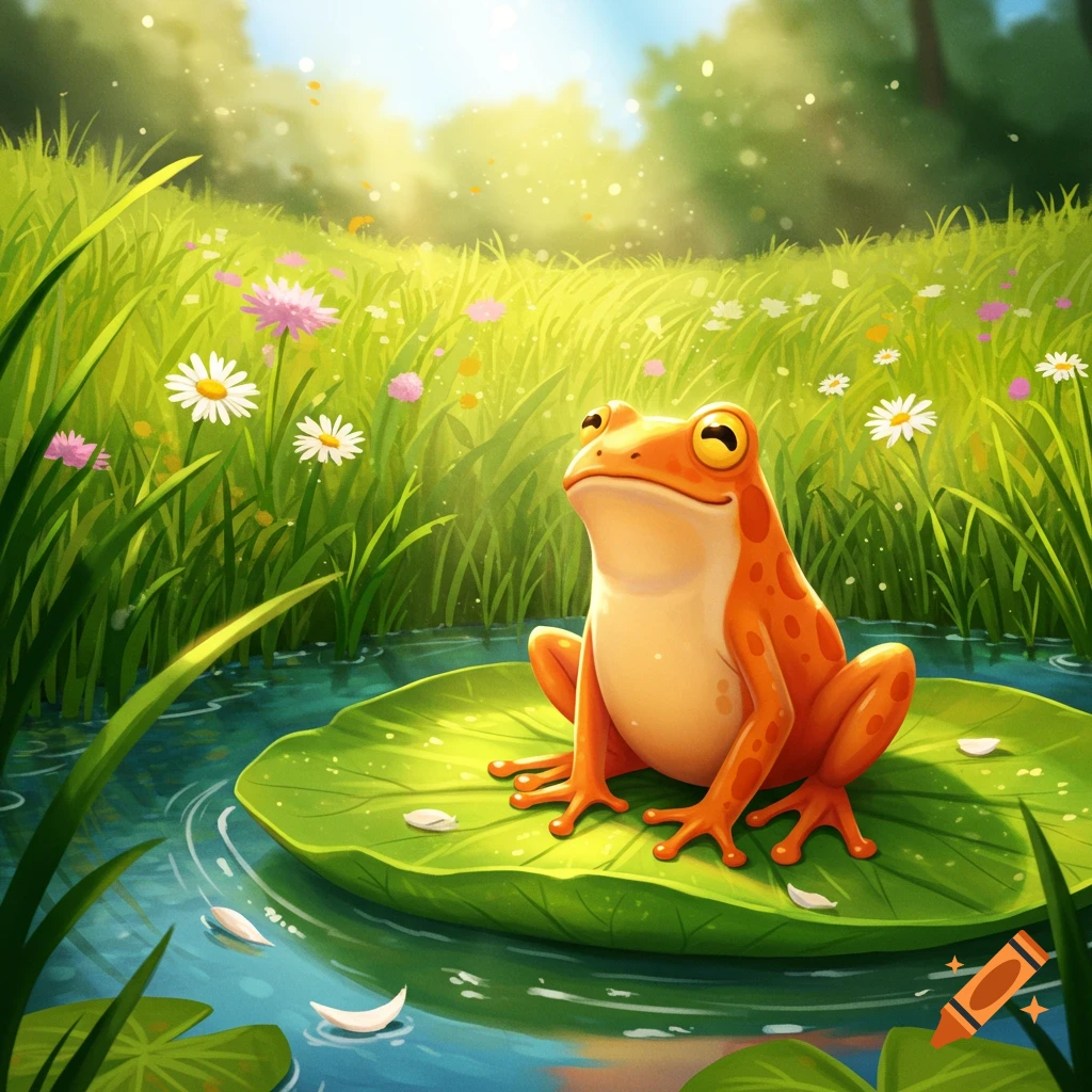 A cartoonish orange frog sits on a lily pad in a sunny pond surrounded by tall grass and flowers.