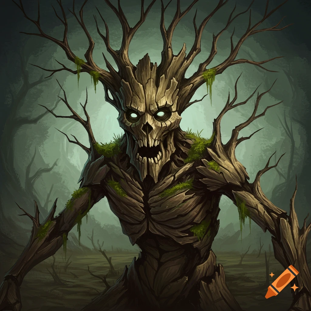 A decaying tree person monster stands in a swampy forest.