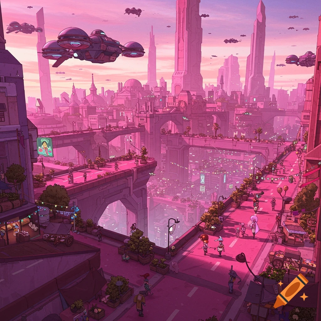 A pink-toned futuristic city with elevated walkways, spaceships, and people walking below.