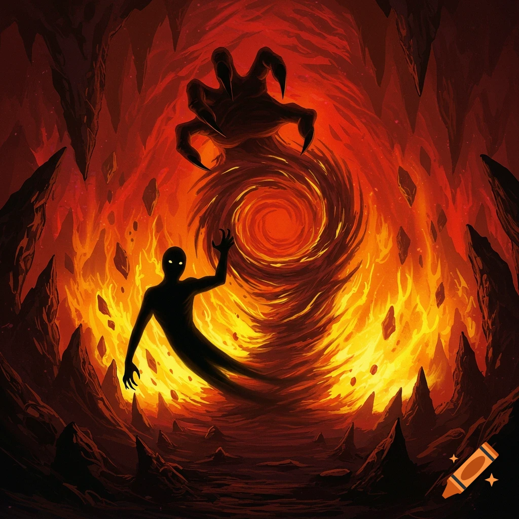 A shadow figure reaching toward a large demonic hand in a swirling vortex of fire and rock.