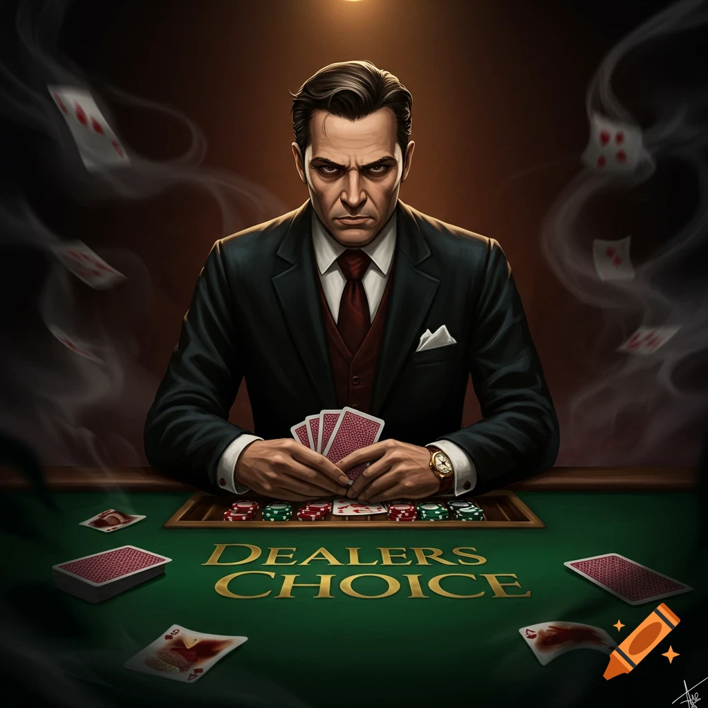 A serious card dealer is sitting at a green table with poker chips and cards. Text on the image reads 'DEALERS CHOICE'.