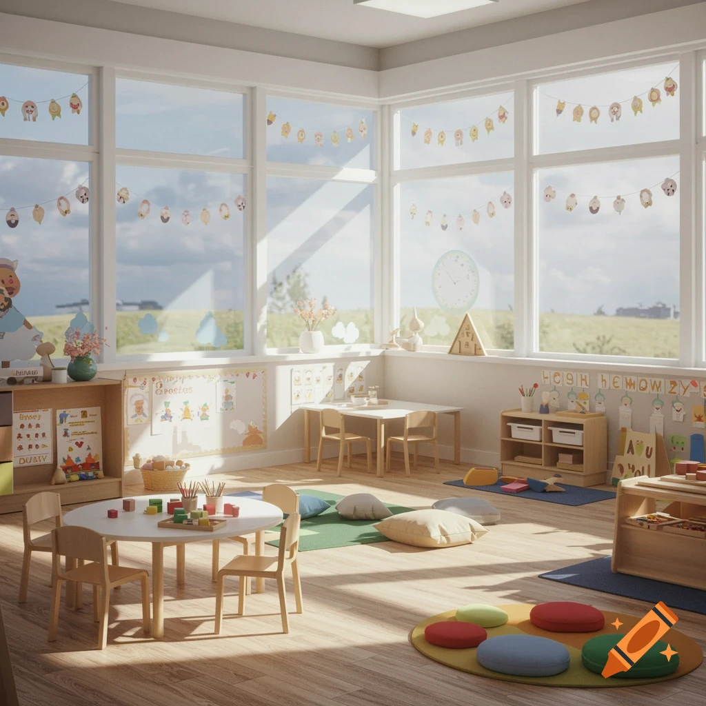 A sunlit preschool classroom with small tables and chairs, toys, rugs, and educational posters on the walls.