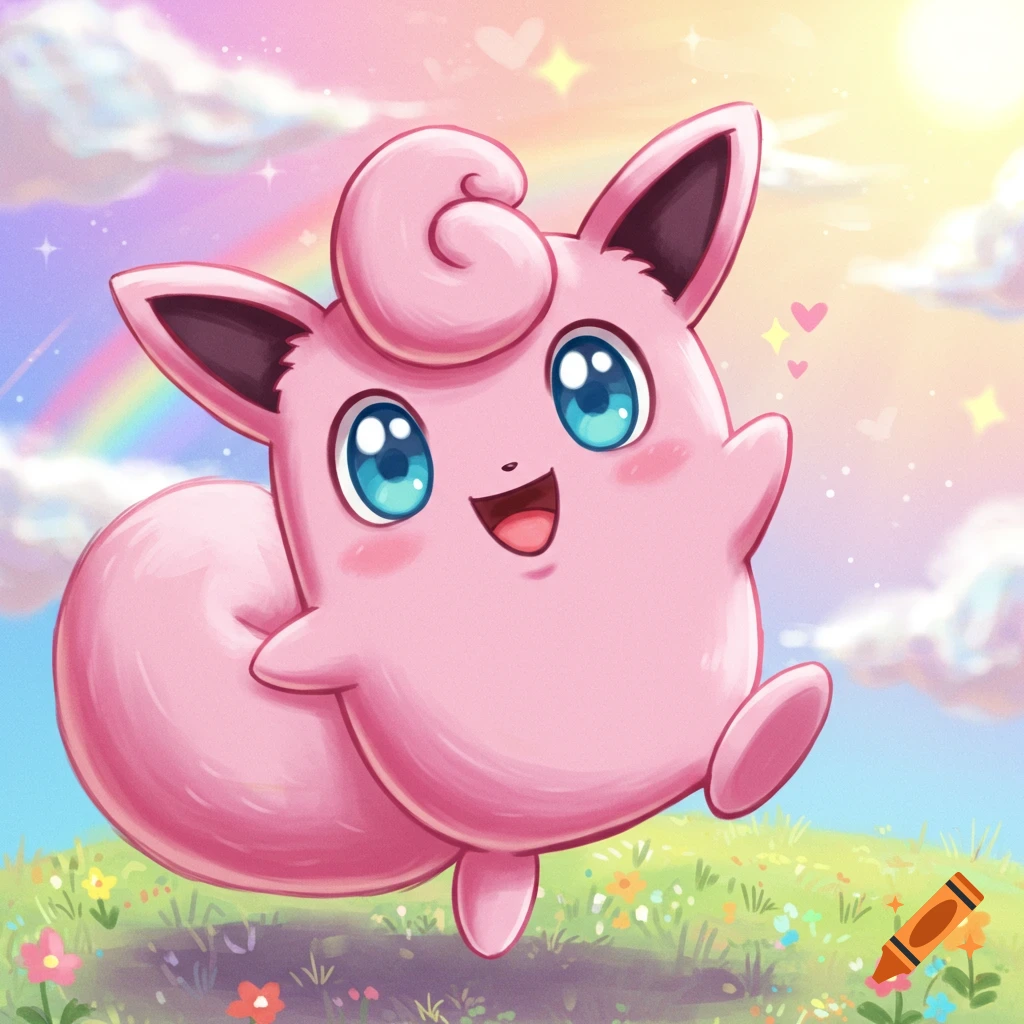 A pink Wigglytuff bouncing in a field with flowers under a rainbow