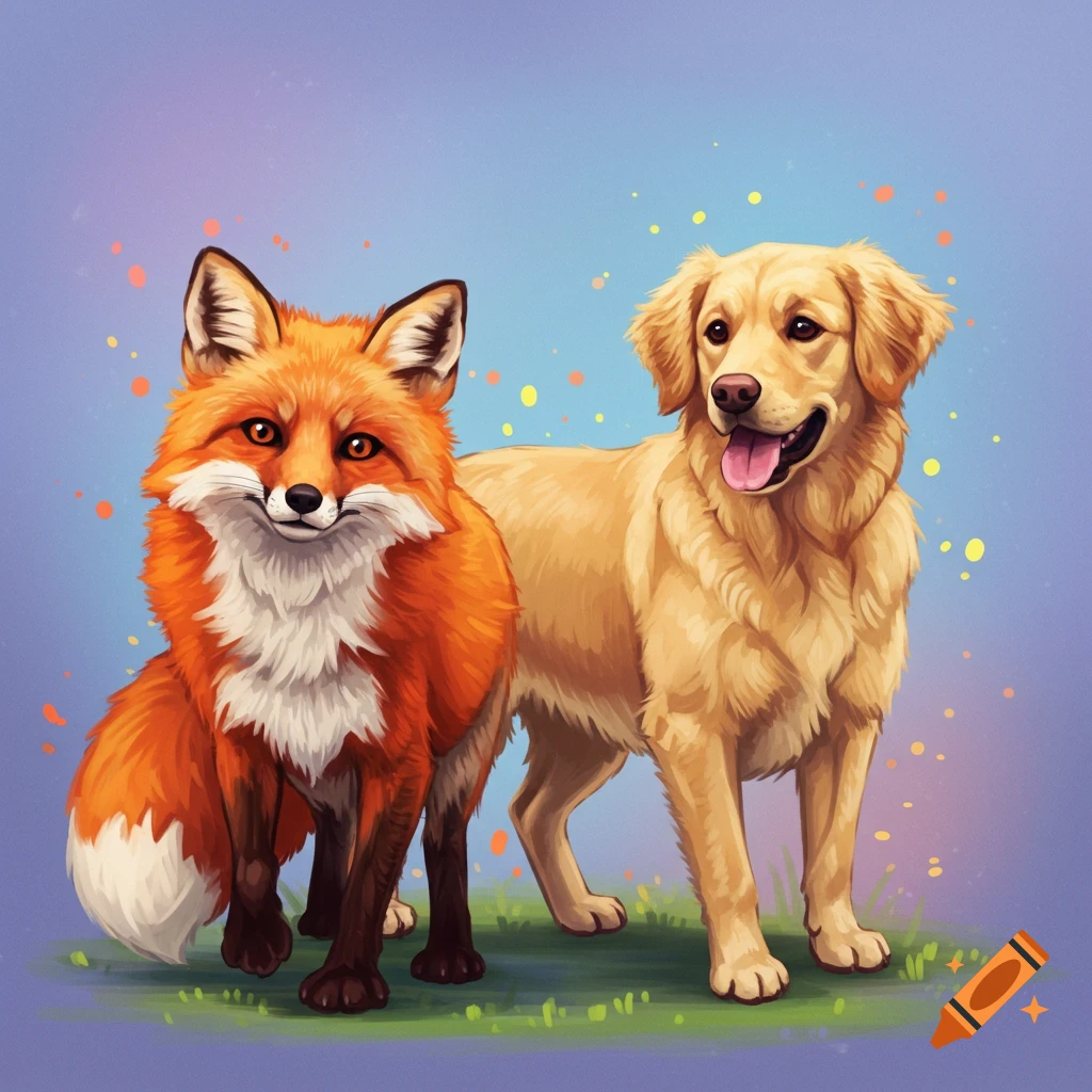 A red fox and a golden retriever standing on grass.