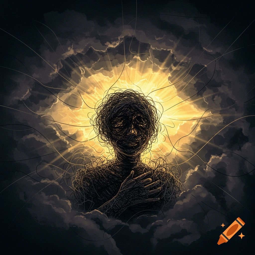 A figure made of tangled threads is surrounded by dark clouds and bright light