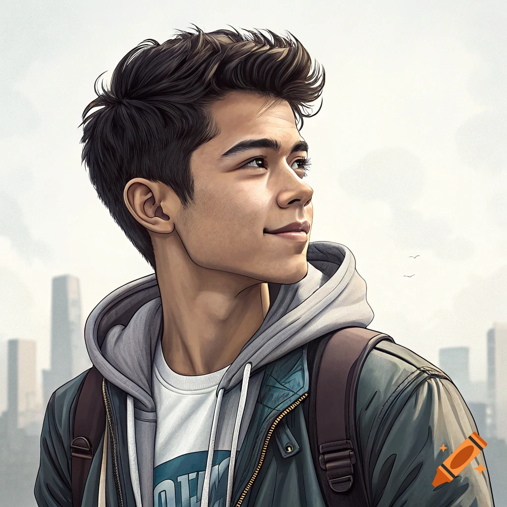 A young man in a hoodie and jacket with a backpack looks towards a city skyline.