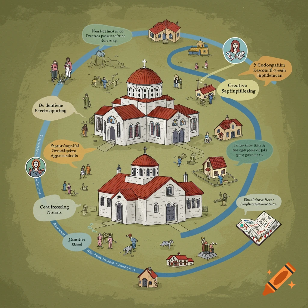 Stylized map illustration showing a learning journey pathway with churches, houses, and small figures.