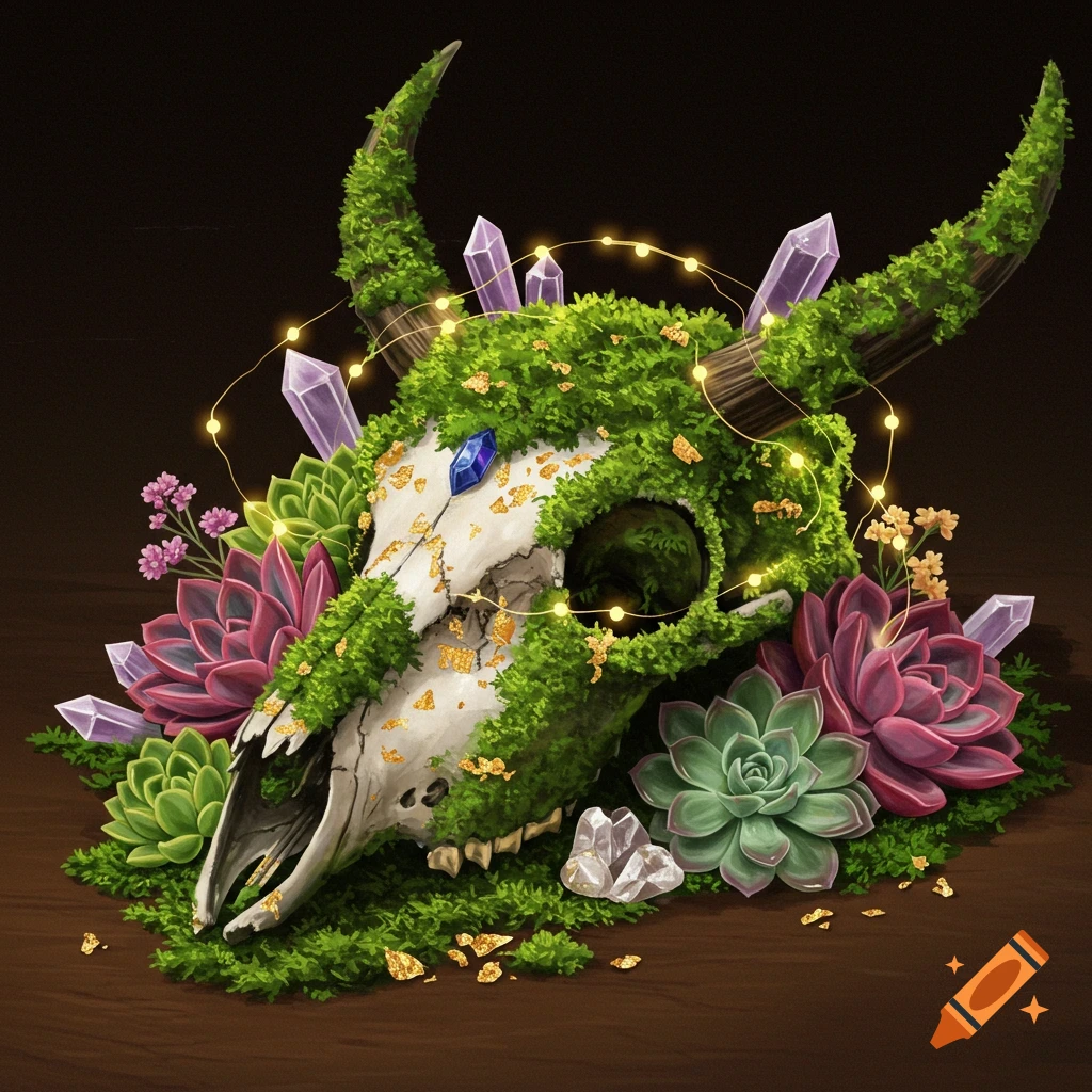 An animal skull covered in moss, succulents, crystals, and fairy lights on a dark wooden surface.